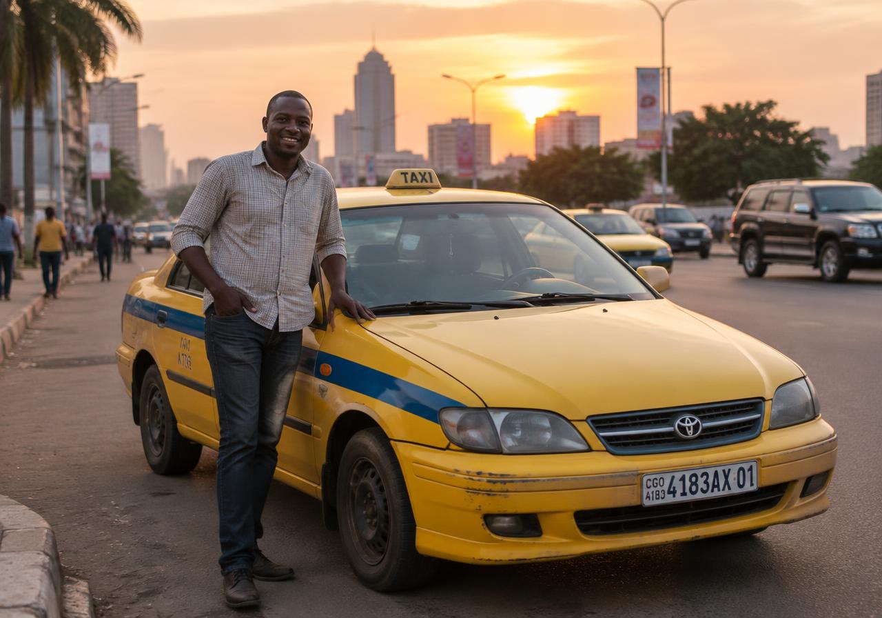 Taxi jaune de Kinshasa et son conducteur
